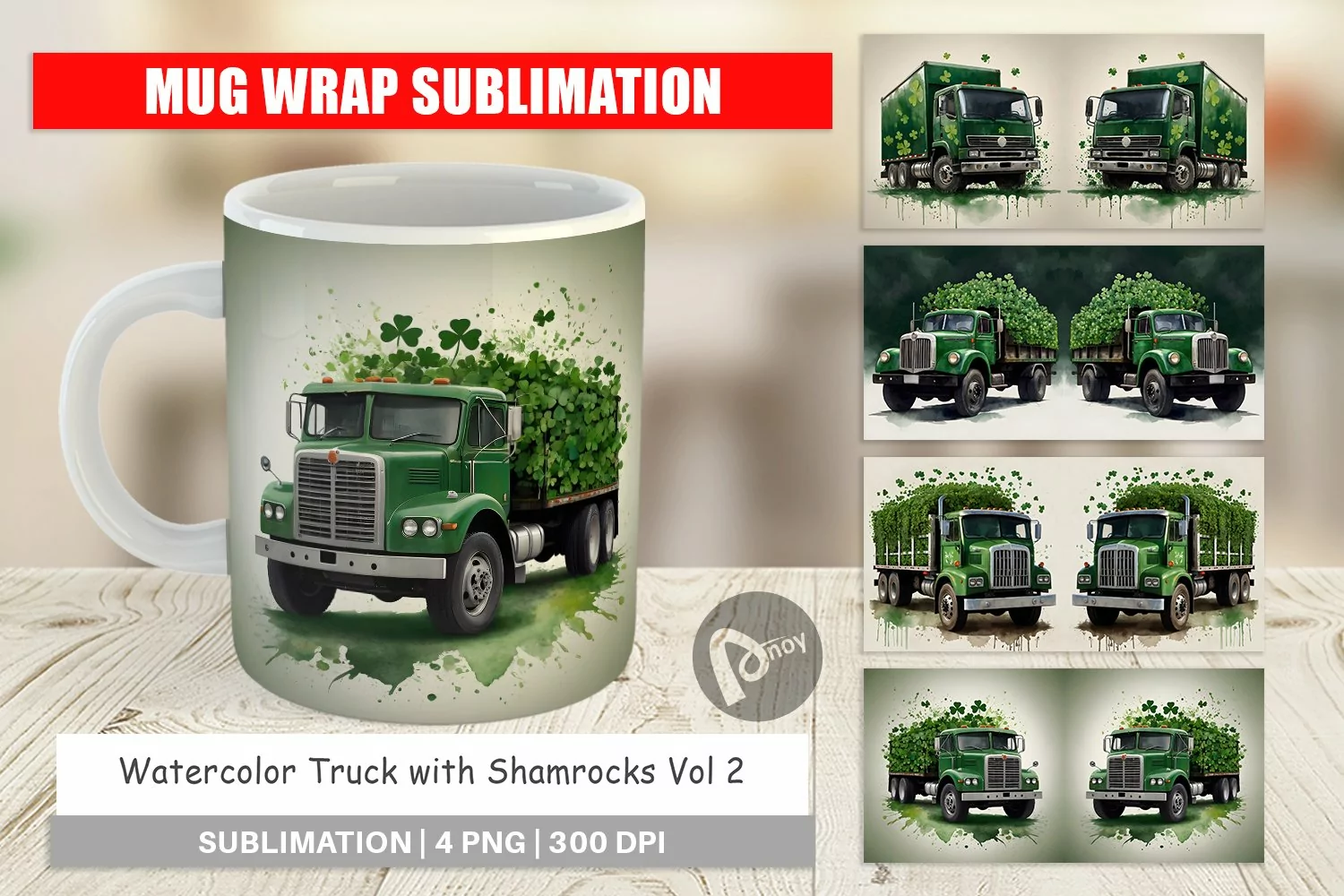 Mug Wrap Design Watercolor Truck Shamrocks product image 1