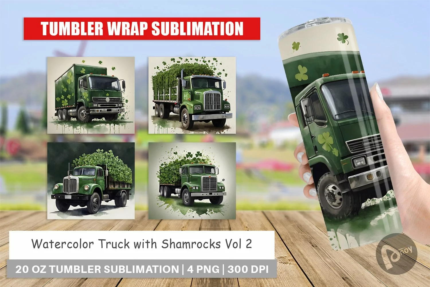 Tumbler Wrap Watercolor Truck Shamrocks product image 1