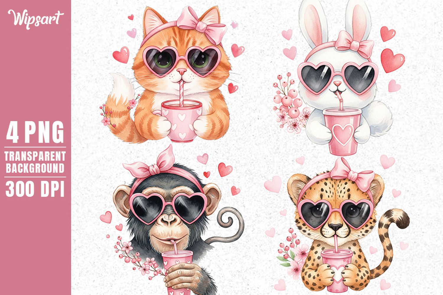 Watercolor Valentine Animals with Pink Heart Cups PNG
