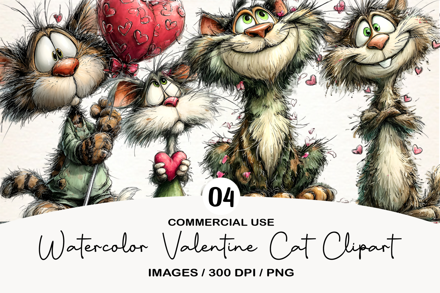 Watercolor Valentine Cat Clipart product image 1