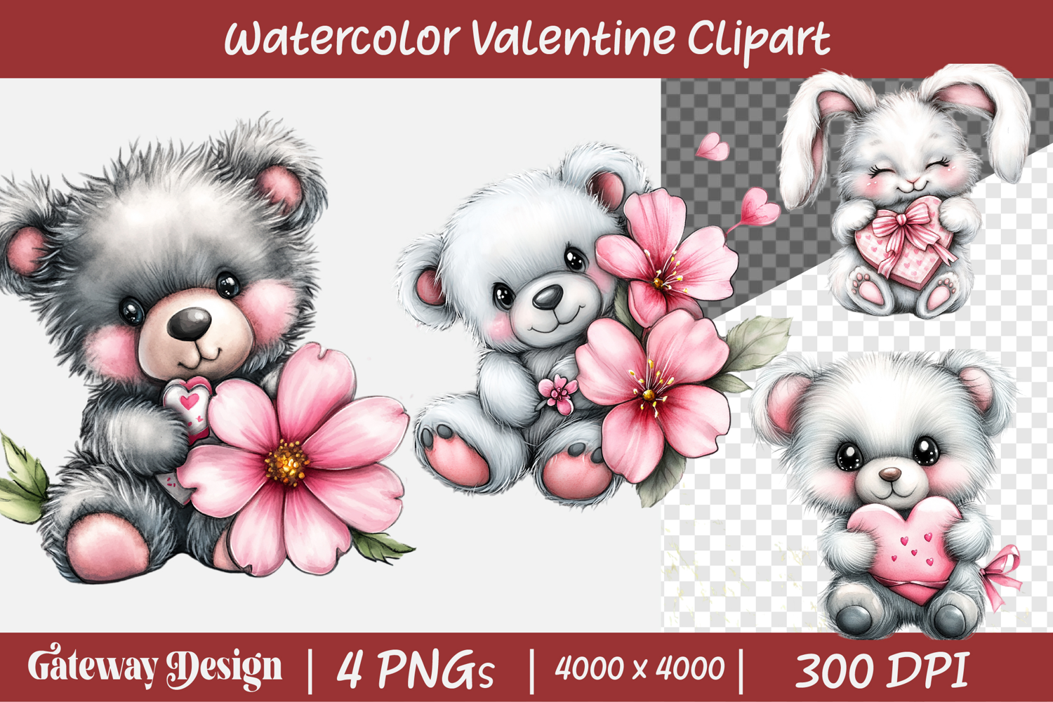 Watercolor Valentine Animal Clipart product image 1