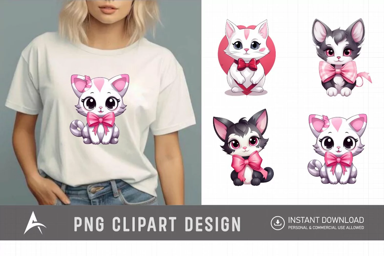 Watercolor Valentine Cute Kawaii Cat Clipart product image 1