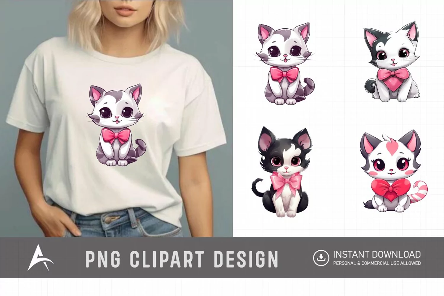 Watercolor Valentine Cute Kawaii Cat Clipart product image 1