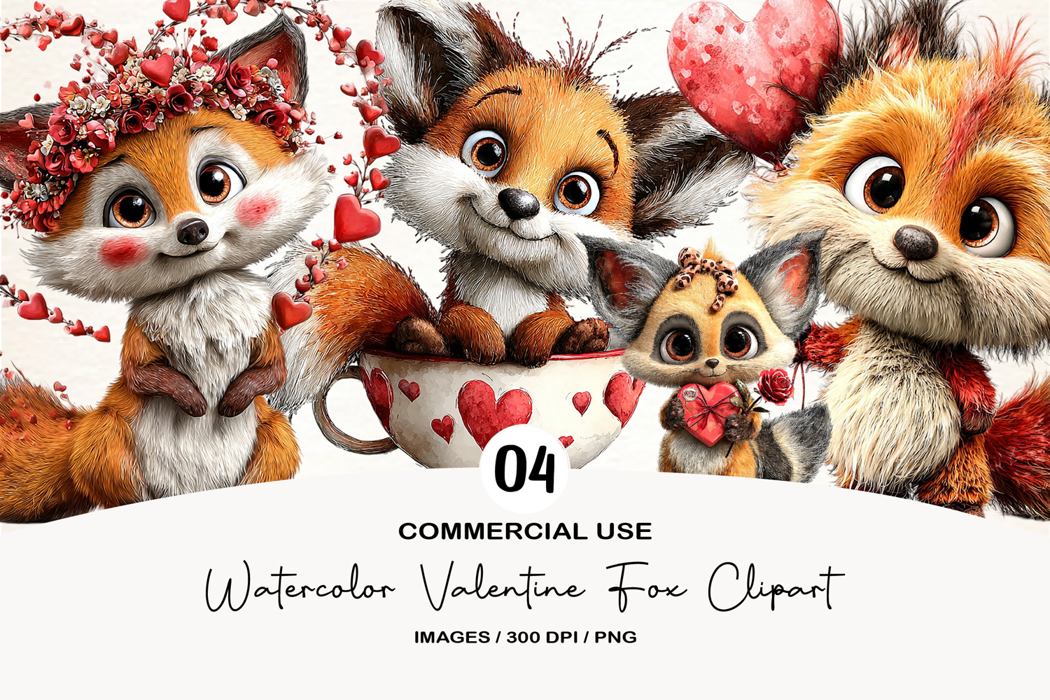 Watercolor Valentine Fox Clipart product image 1