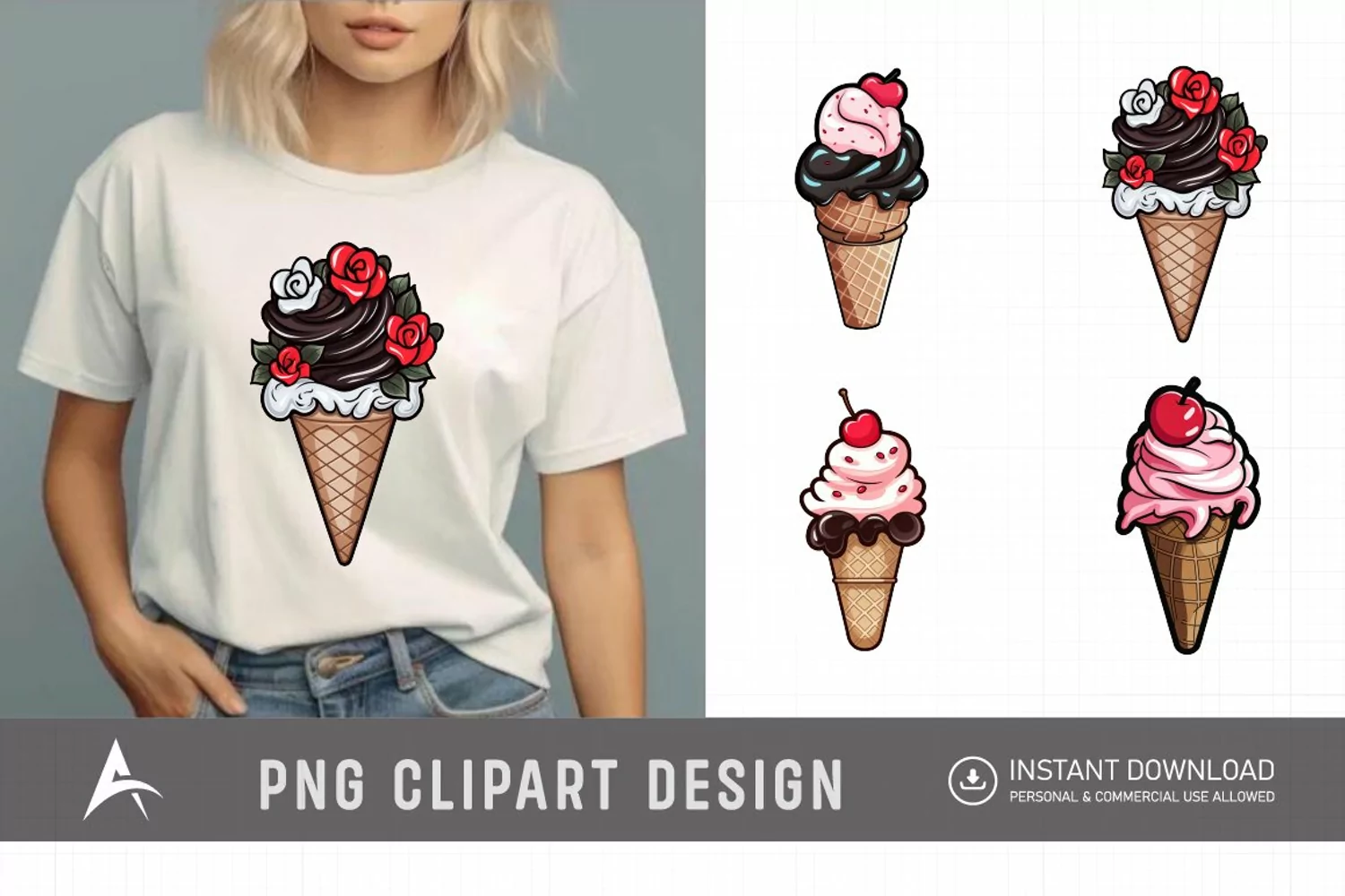 Watercolor Valentine Ice Cream Cone Clipart product image 1