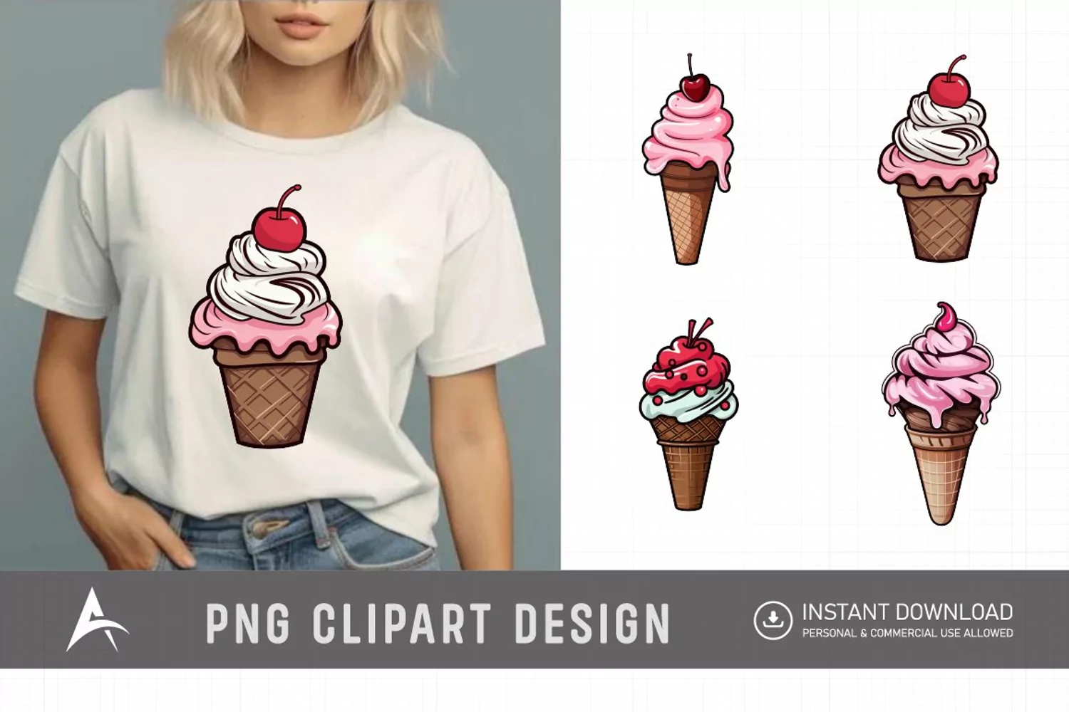 Watercolor Valentine Ice Cream Cone Clipart product image 1
