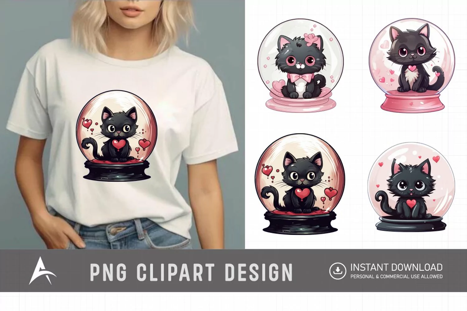 Watercolor Valentine's Cats in Water Globe Clipart product image 1