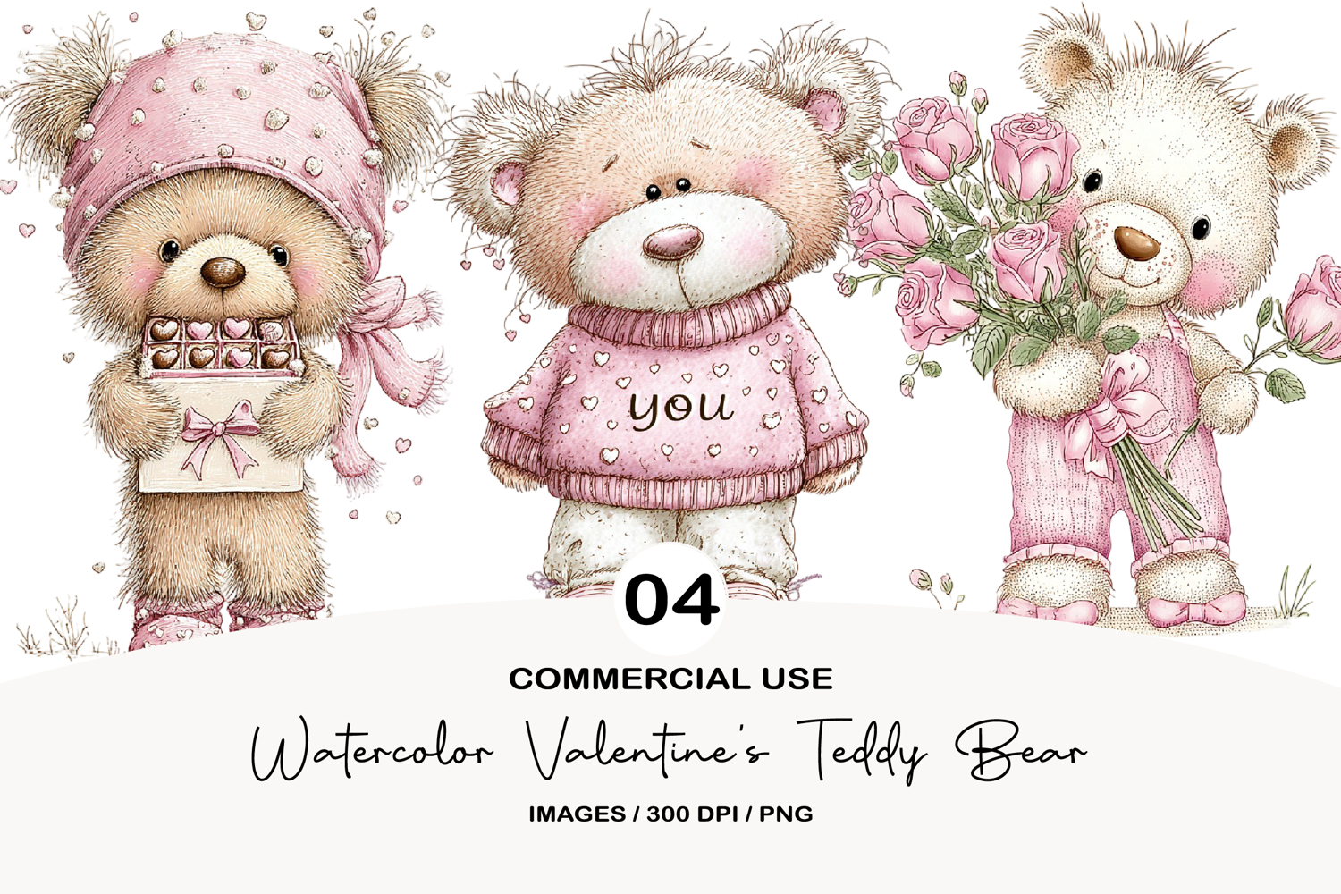 Watercolor Valentine's Teddy Bear PNG product image 1