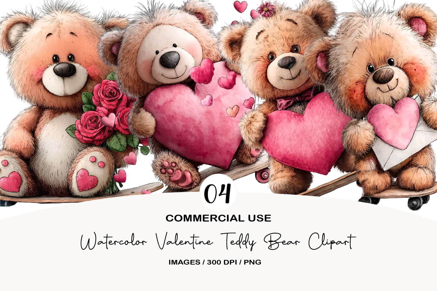 Watercolor Valentine Teddy Bear Clipart product image 1