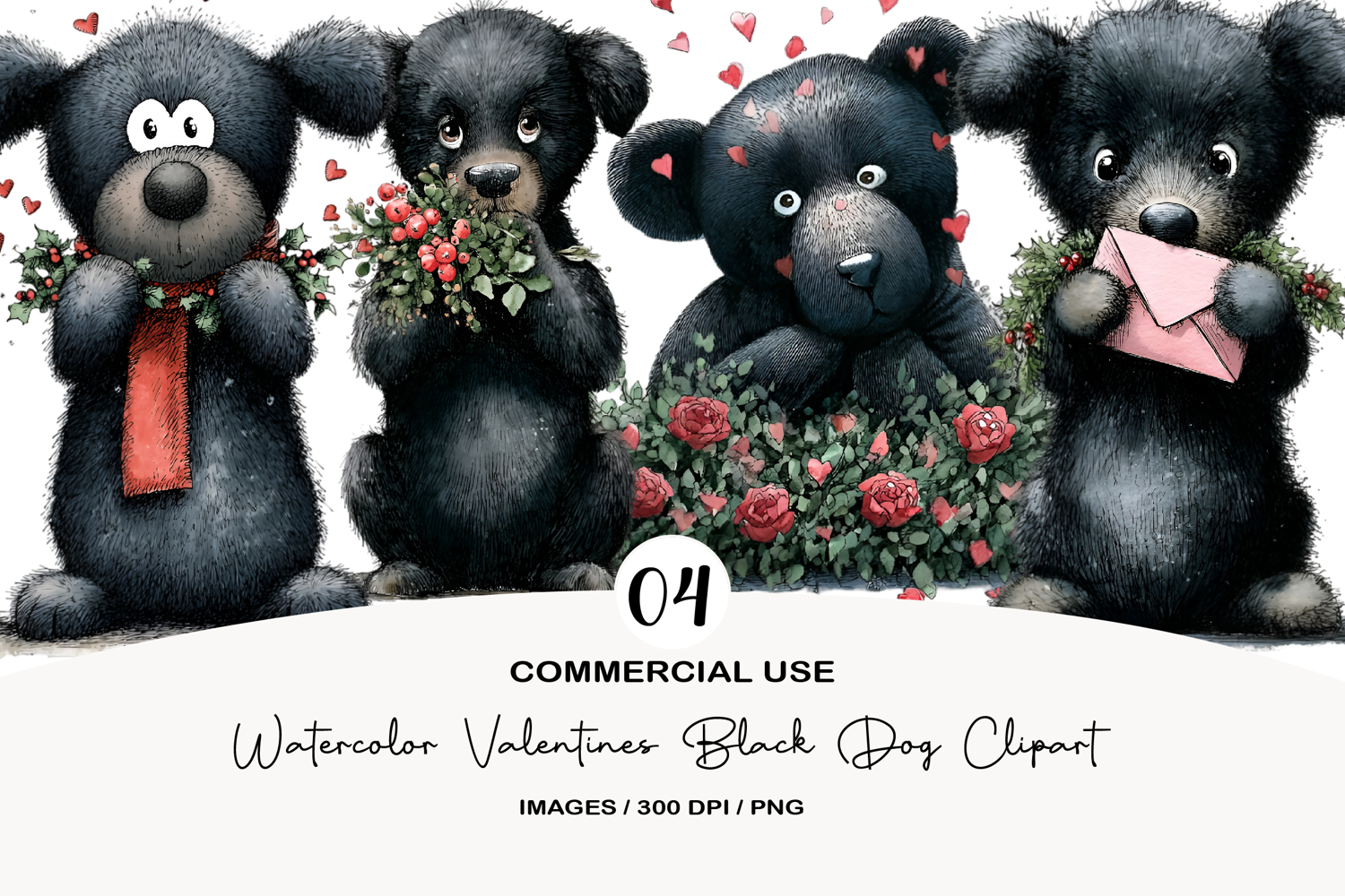 Watercolor Valentines Black Dog Clipart product image 1