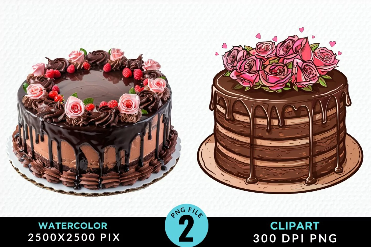 Watercolor Valentines Cakes Sublimation PNG Clipart product image 1
