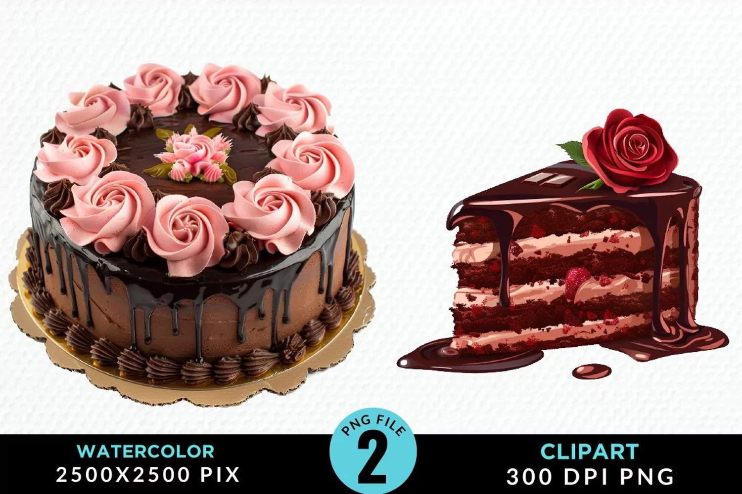 Watercolor Valentines Cakes Sublimation PNG Clipart product image 1