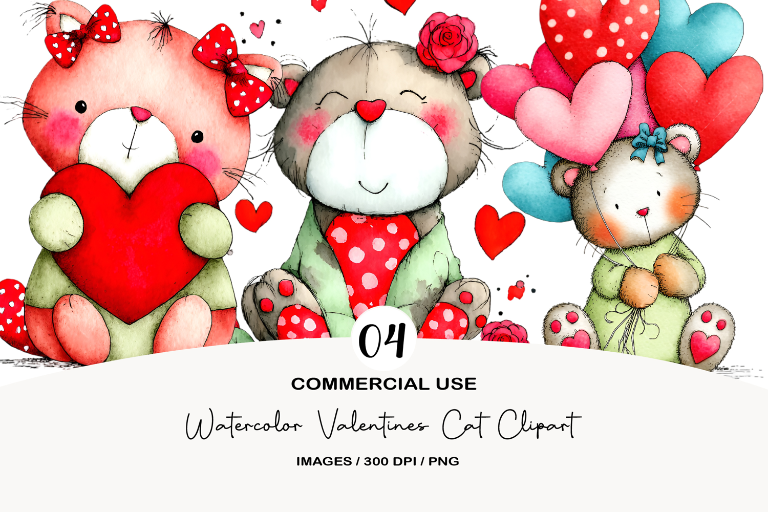 Watercolor Valentines Cat Clipart product image 1