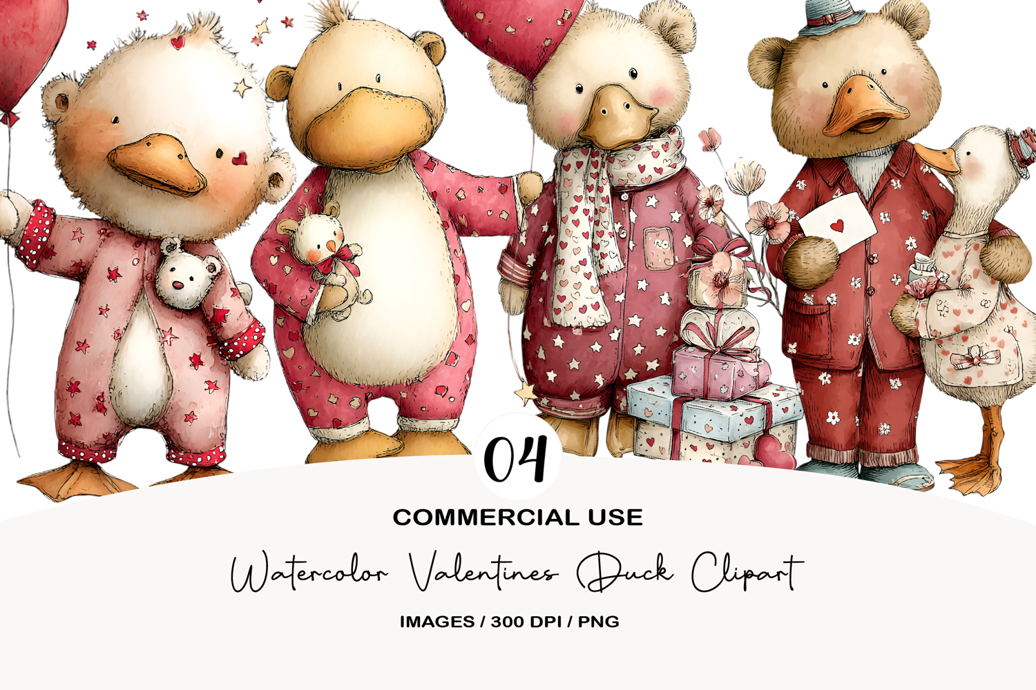 Watercolor Valentines Duck Clipart product image 1