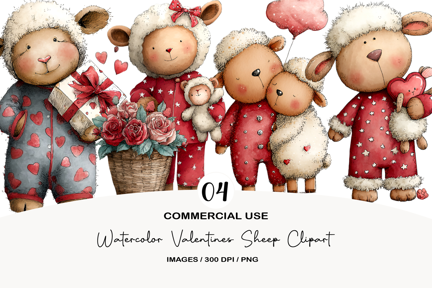 Watercolor Valentines Sheep Clipart product image 1
