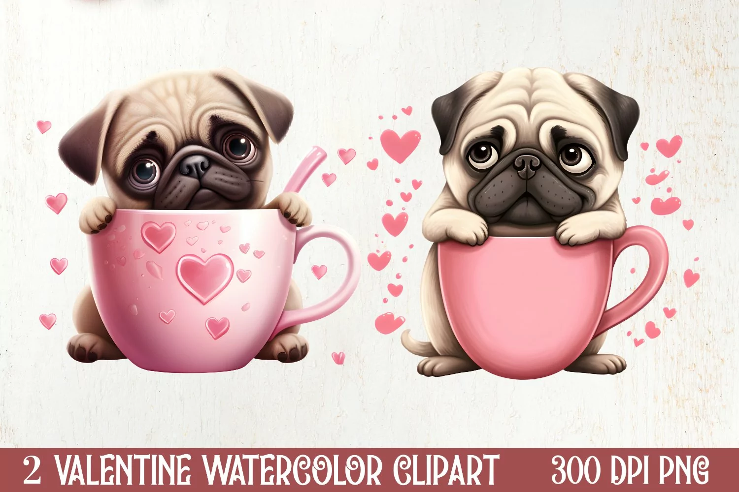 Cute Pug Puppy Valentine Clipart, Valentines Clipart product image 1