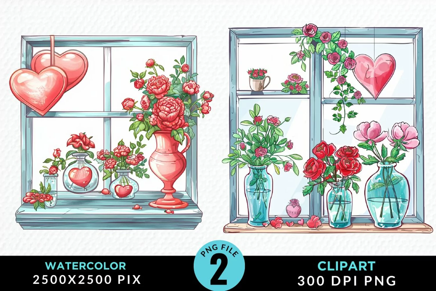 Watercolor Valentines Window Clipart product image 1