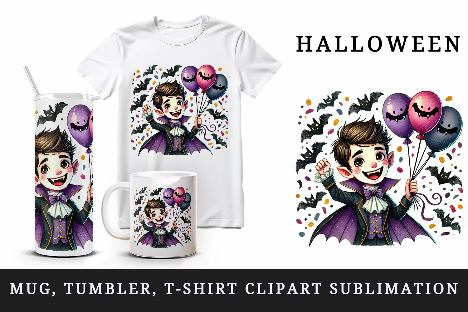 Watercolor vampire holding bunch of balloons bats confetti Halloween print 20 oz tumbler skinny mug wrap clipart t-shirt sublimation printable design