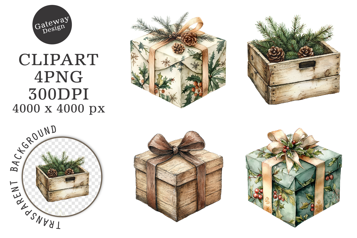 Watercolor Vintage Christmas Clipart product image 1