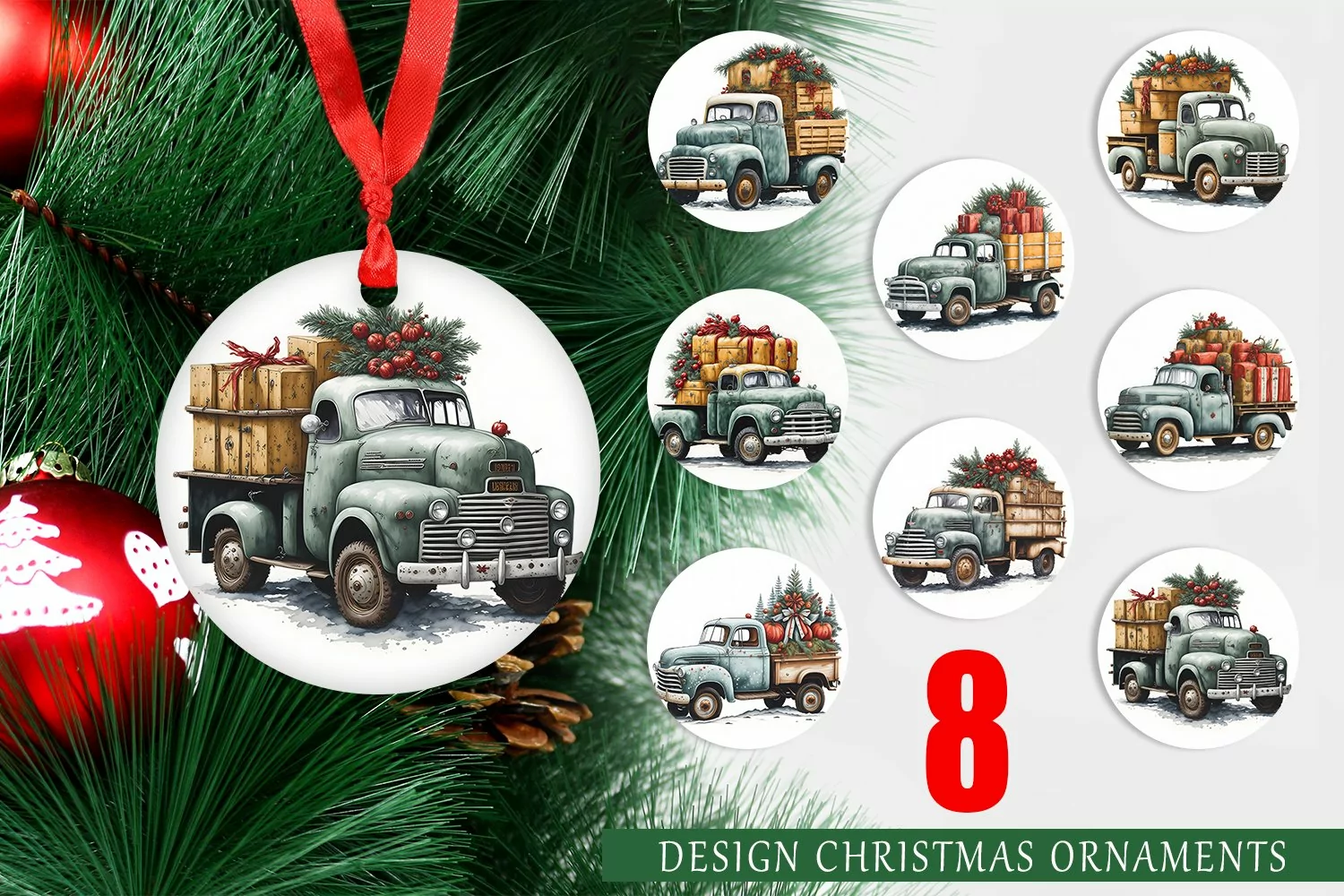 Christmas Ornaments Watercolor Pickup Truck product image 1
