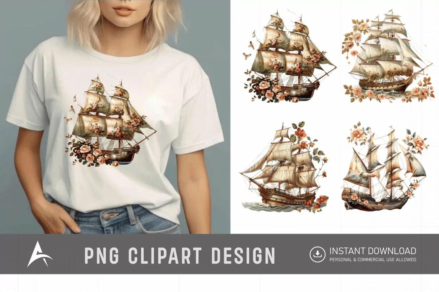 Watercolor Vintage Ship Clipart product image 1
