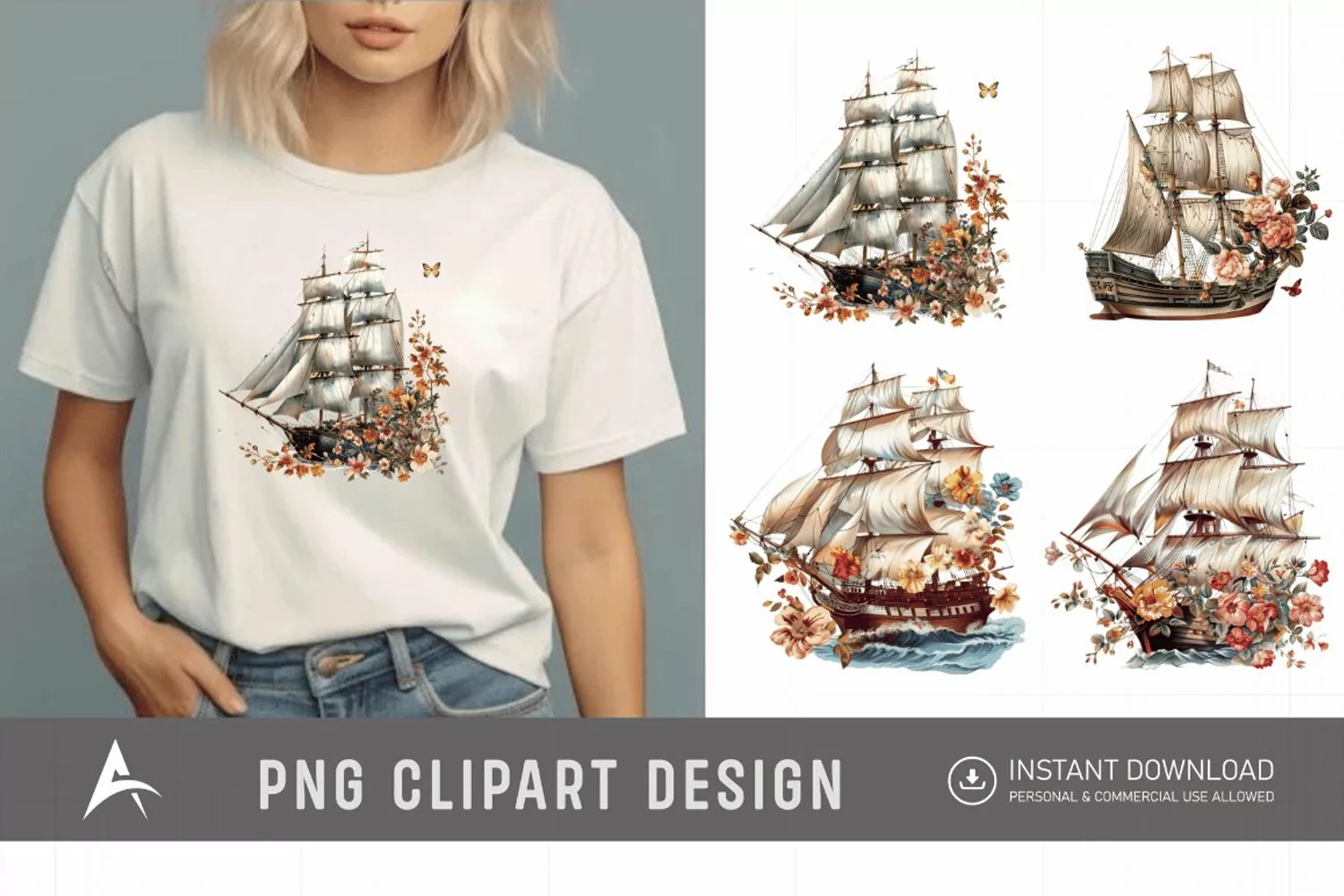Watercolor Vintage Ship Clipart product image 1