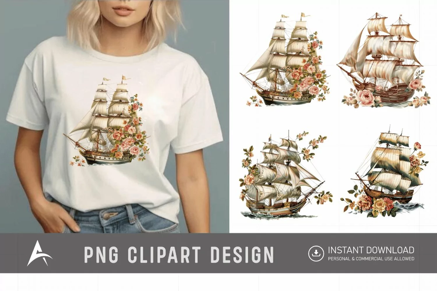 Watercolor Vintage Ship Clipart product image 1