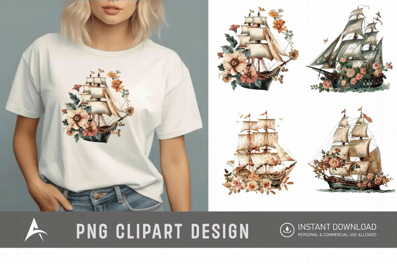 Watercolor Vintage Ship Clipart product image 1
