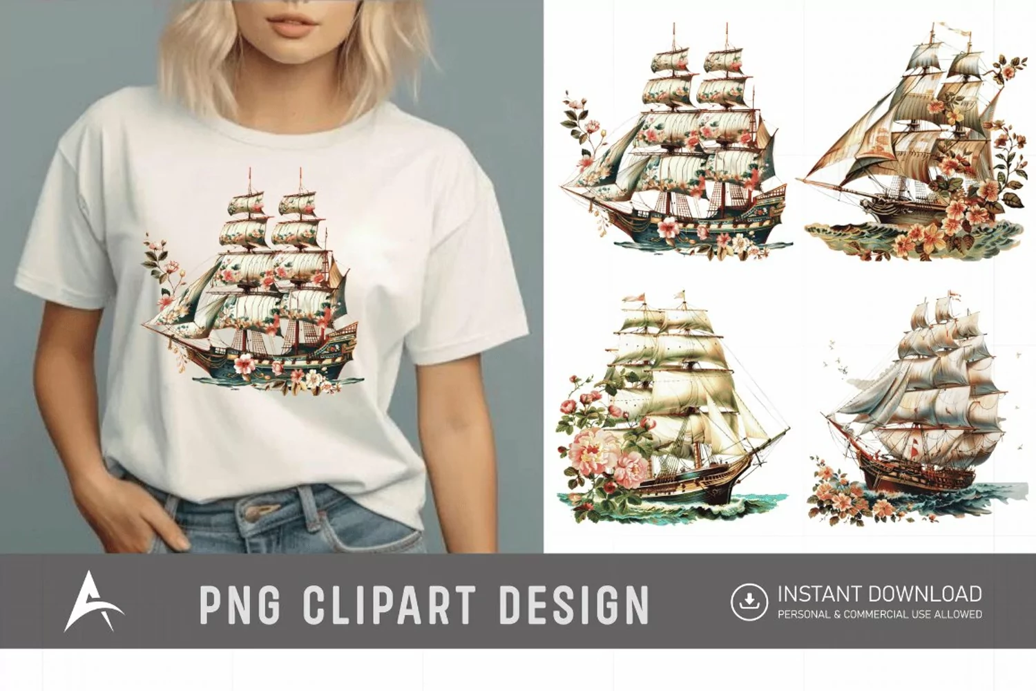 Watercolor Vintage Ship Clipart product image 1