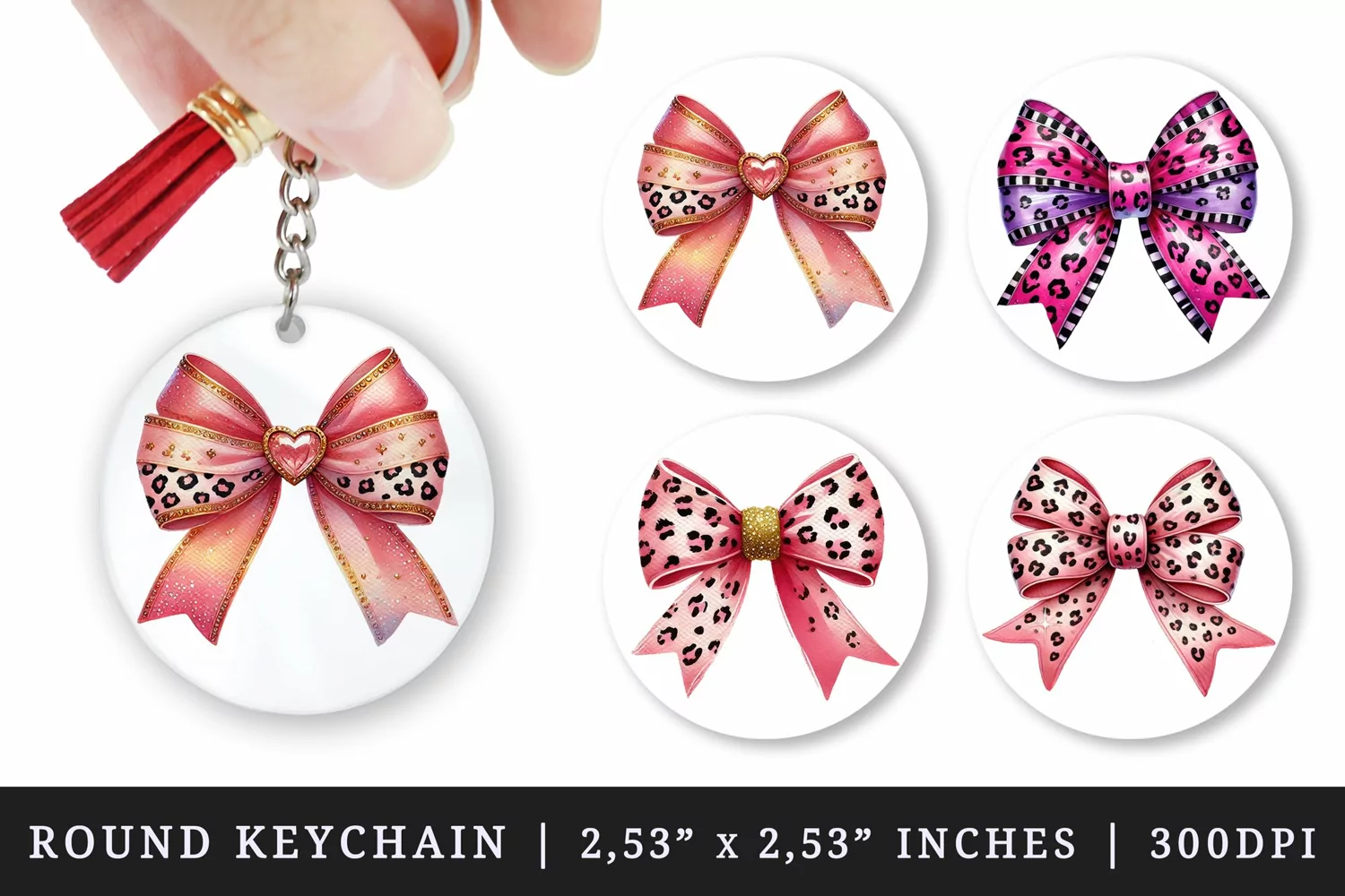 Watercolor whimsical bow with pink leopard print pink coral gold color Valentines Day love print round keychain keychains sublimation design