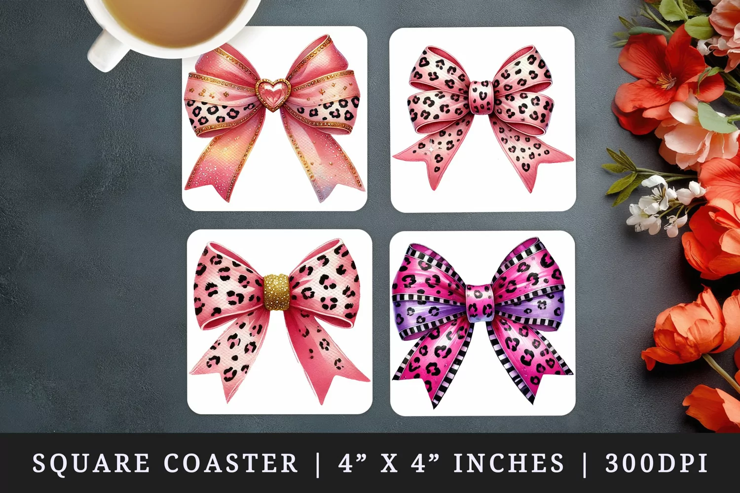 Watercolor whimsical bow with pink leopard print pink coral gold color Valentines Day love print square coaster mug coasters sublimation design