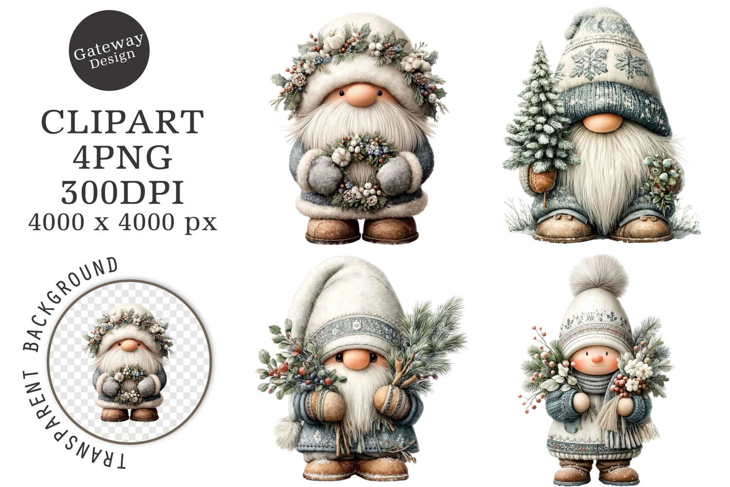 Watercolor White Christmas Gnomes PNG product image 1