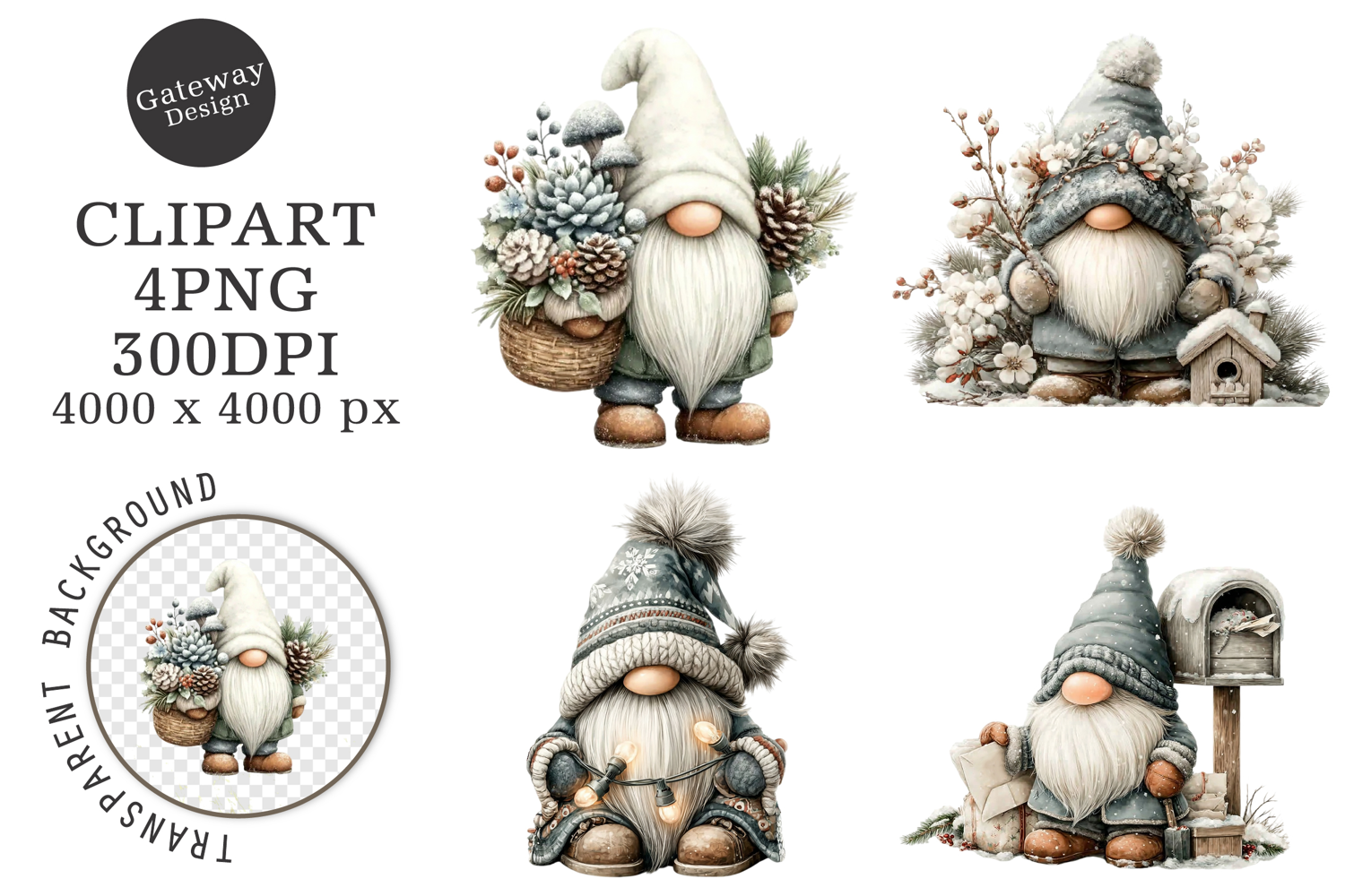 Watercolor White Christmas Gnomes PNG product image 1