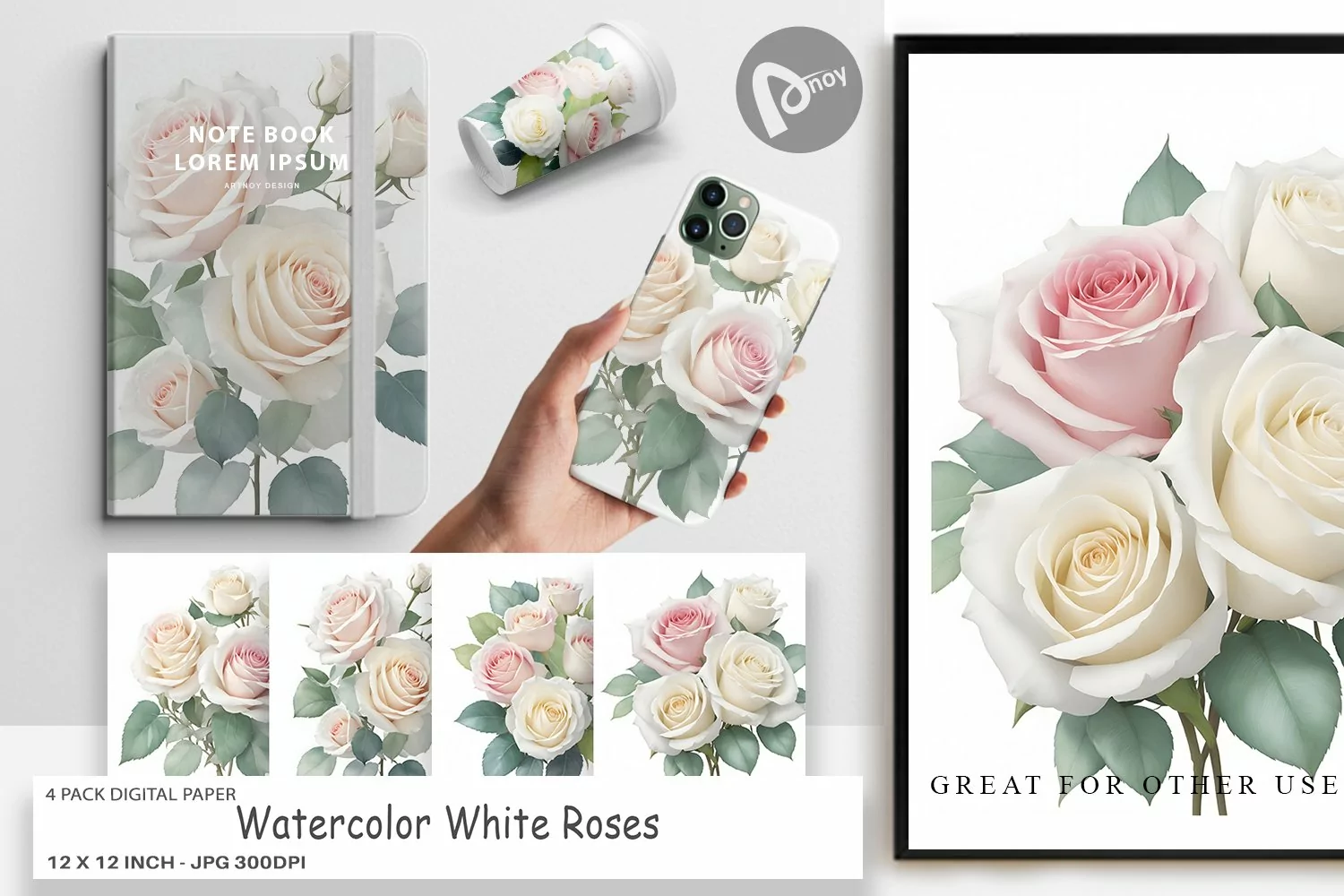 Digital Paper Watercolor White Roses product image 1