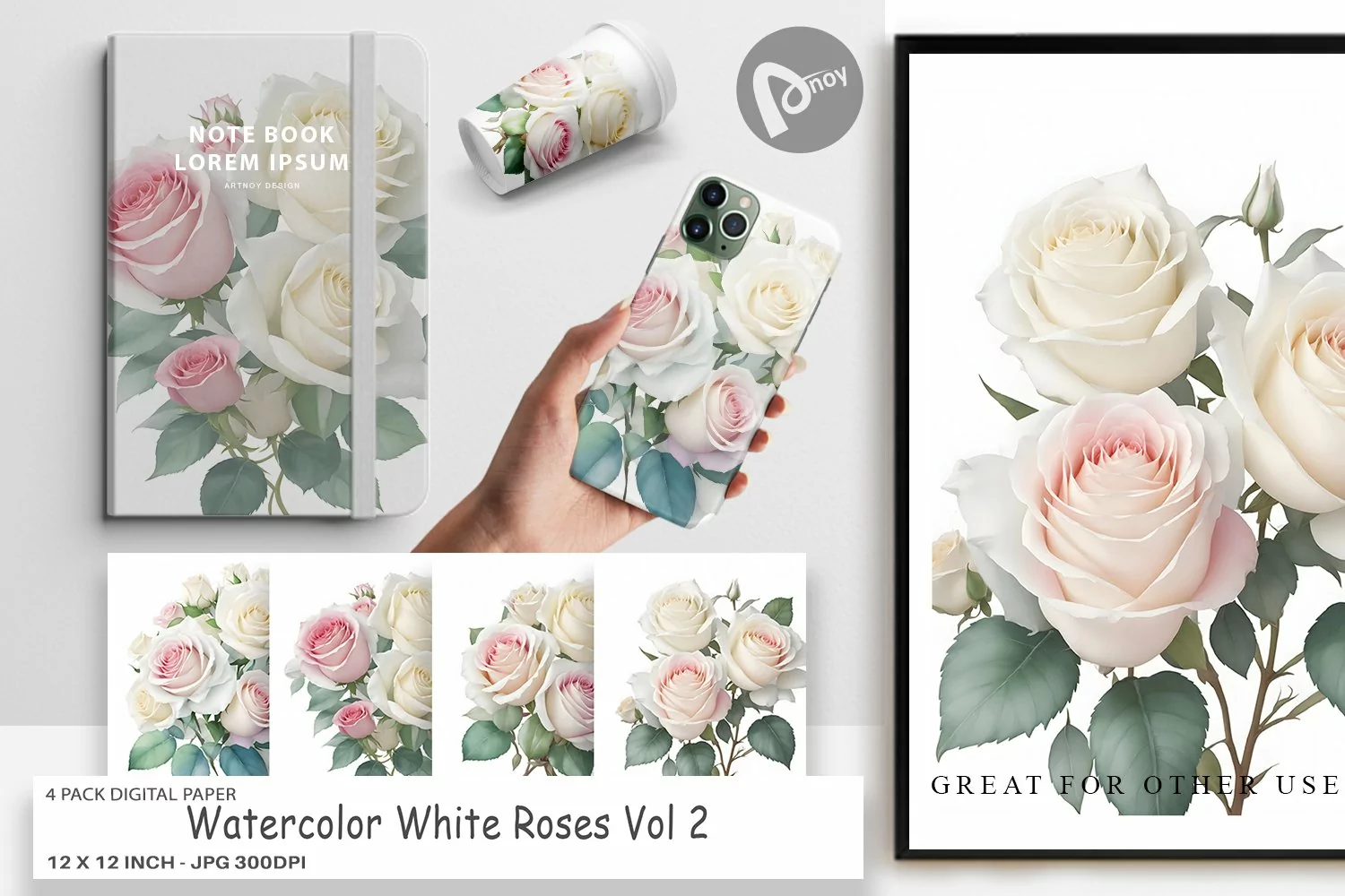 Digital Paper Watercolor White Roses product image 1