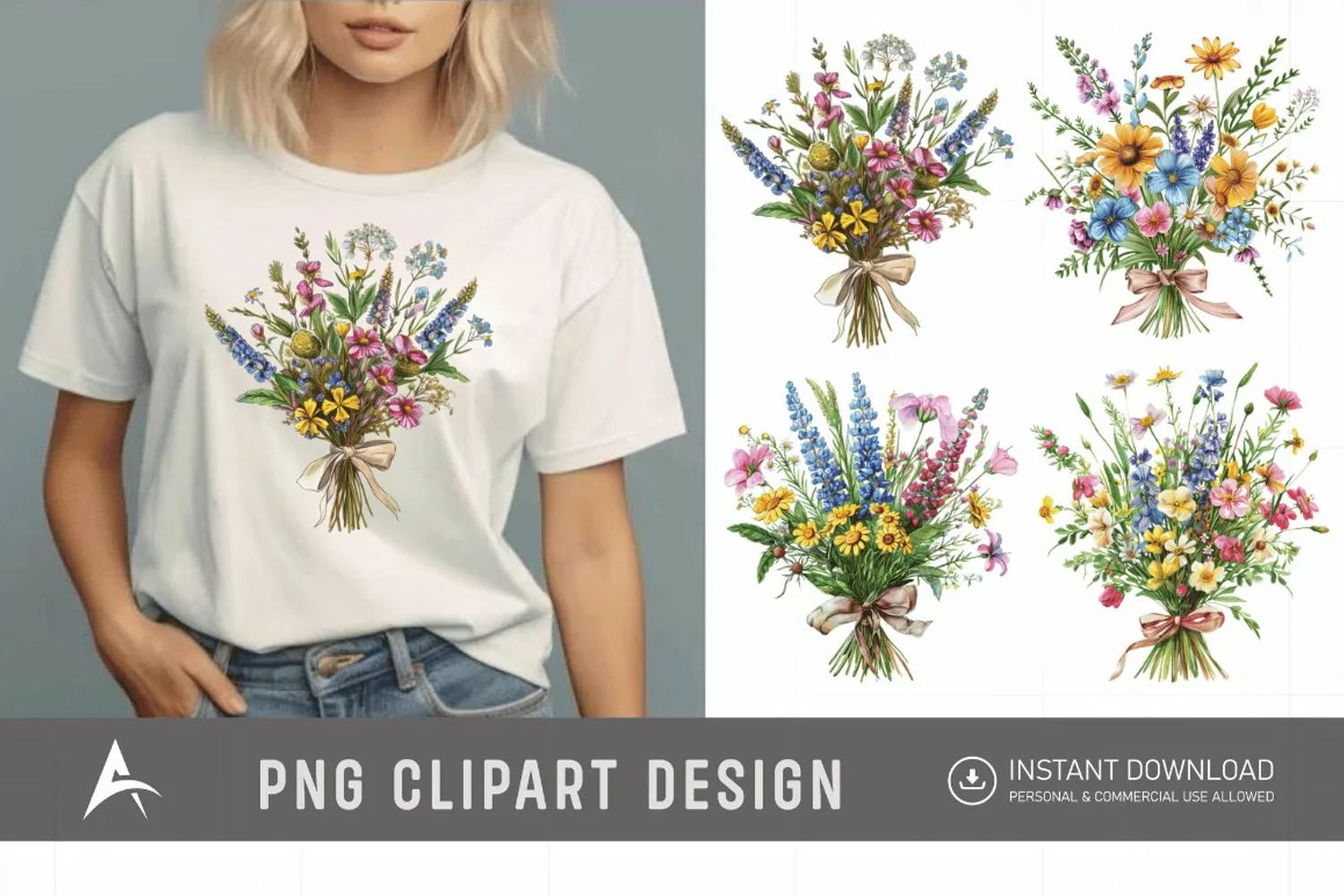 Watercolor Wildflower Bouquet with Bow Clipart product image 1