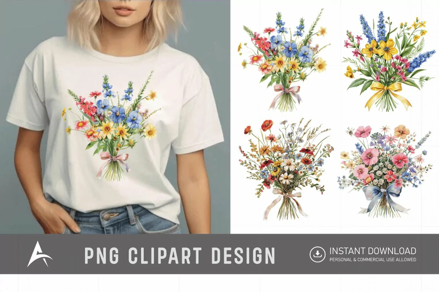 Watercolor Wildflower Bouquet with Bow Clipart product image 1
