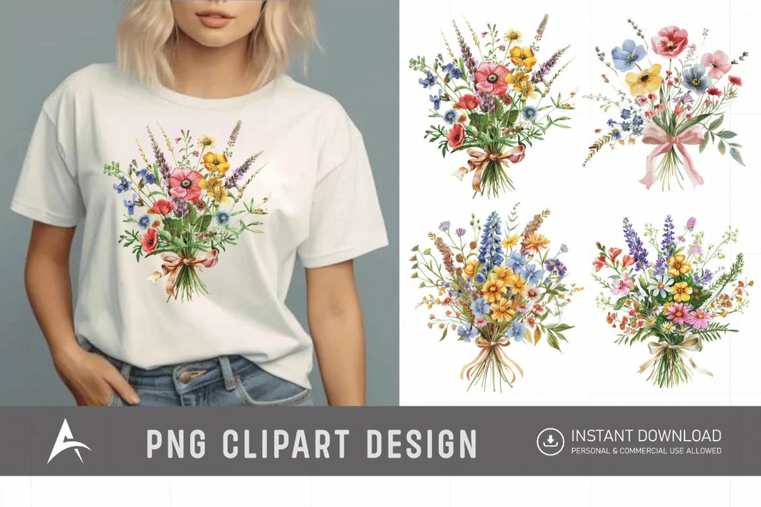 Watercolor Wildflower Bouquet with Bow Clipart product image 1