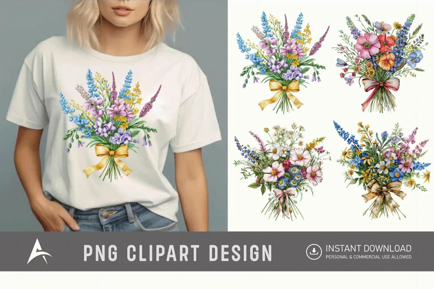 Watercolor Wildflower Bouquet with Bow Clipart product image 1