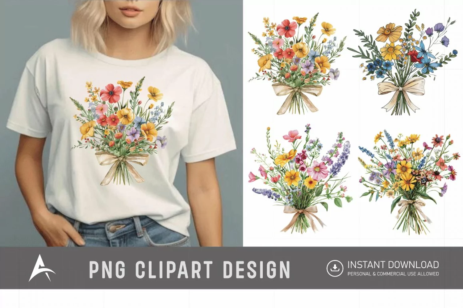 Watercolor Wildflower Bouquet with Bow Clipart product image 1
