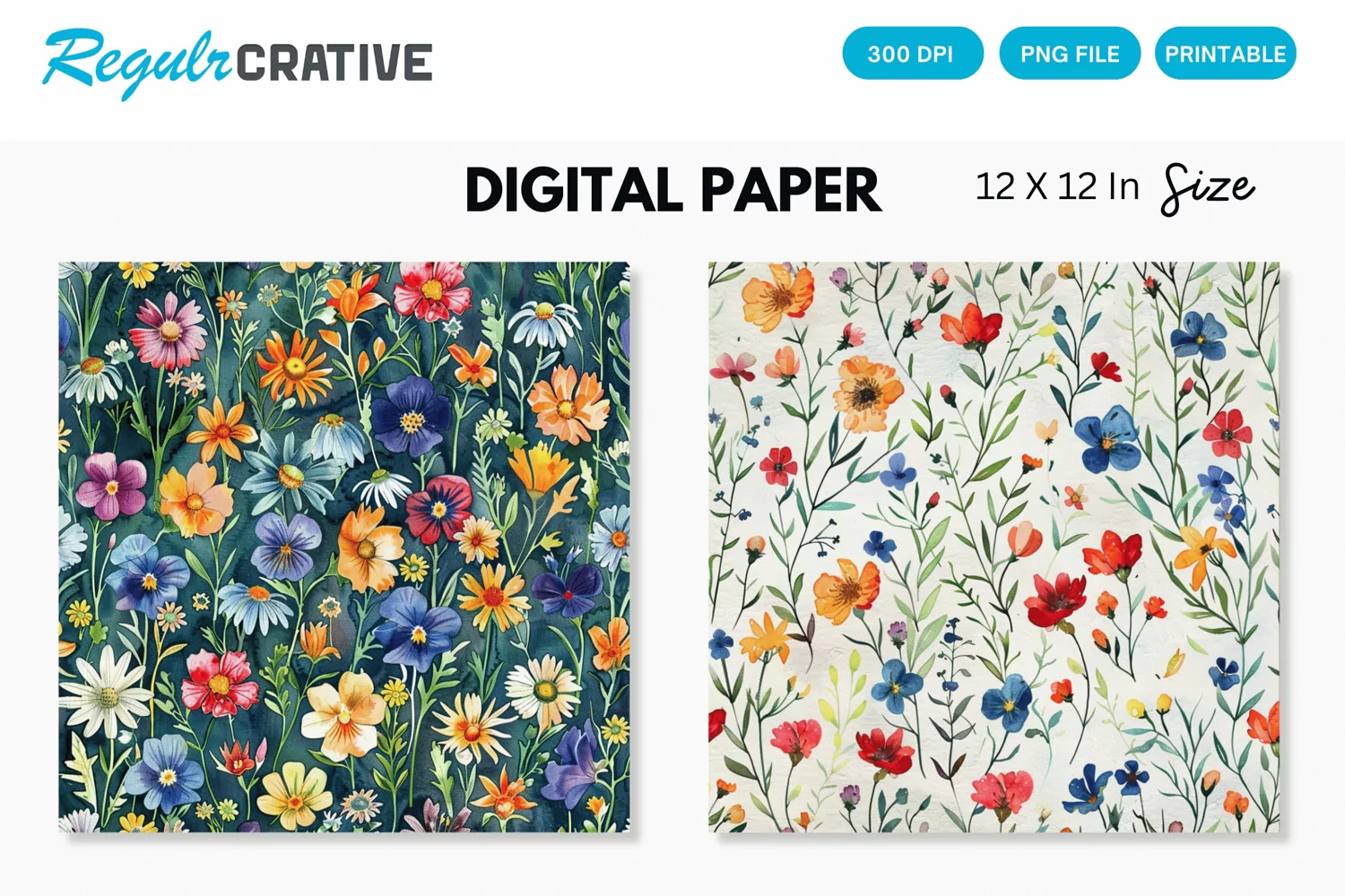 Watercolor Wildflowers Seamless Digital Paper, Wedding PNG product image 1