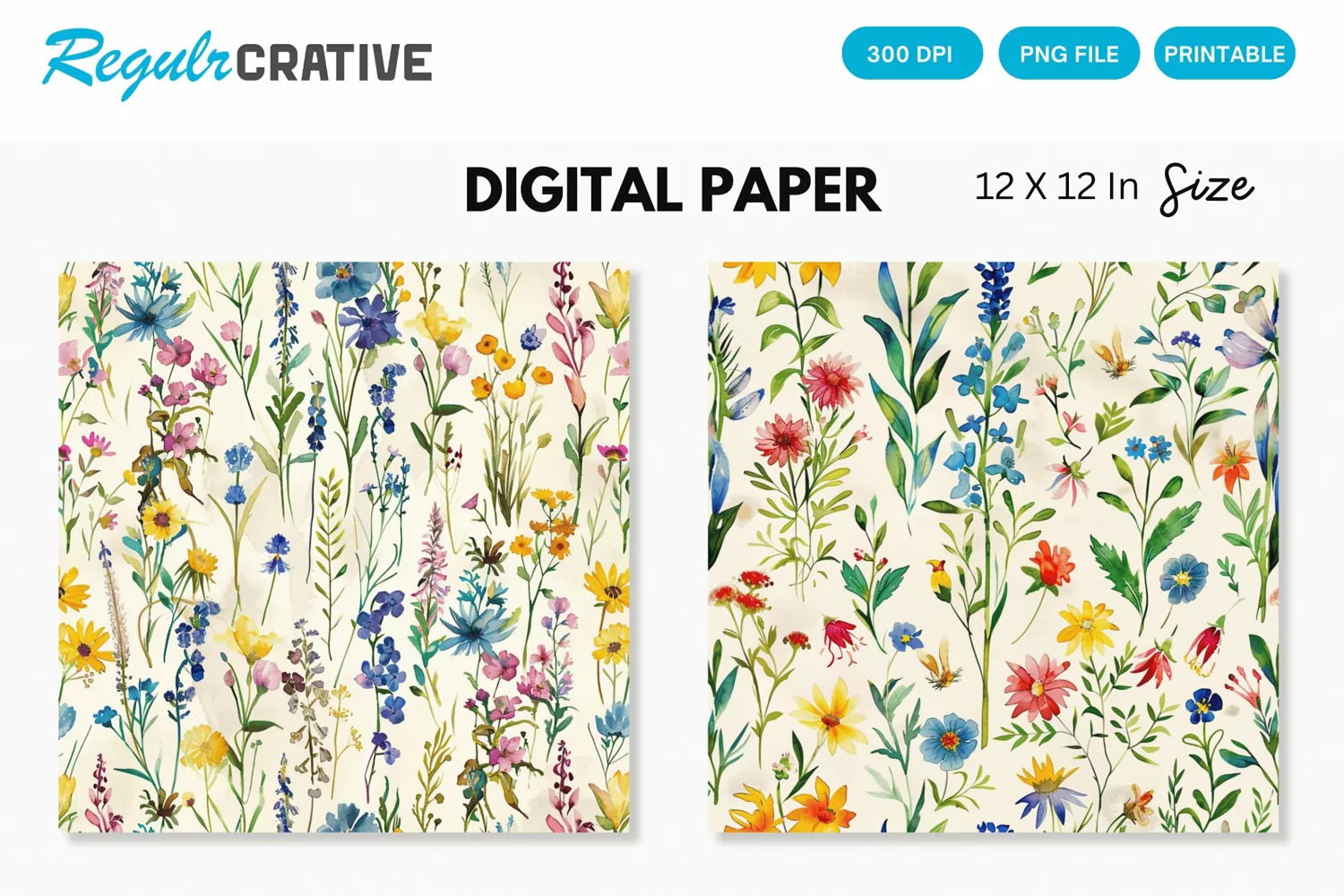 Watercolor Wildflowers Seamless Digital Paper, Wedding PNG product image 1