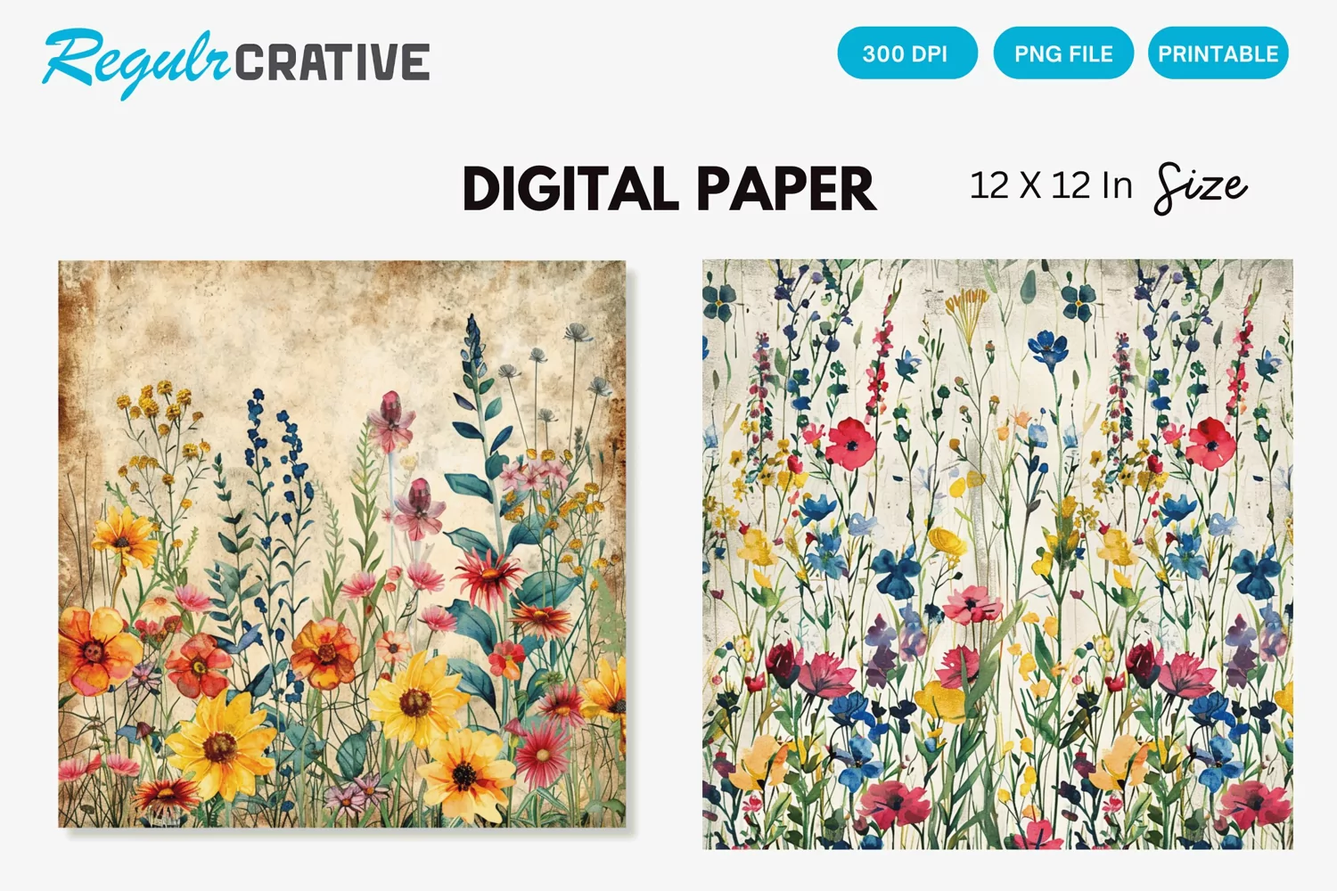 Watercolor Wildflowers Seamless Digital Paper, Wedding PNG product image 1