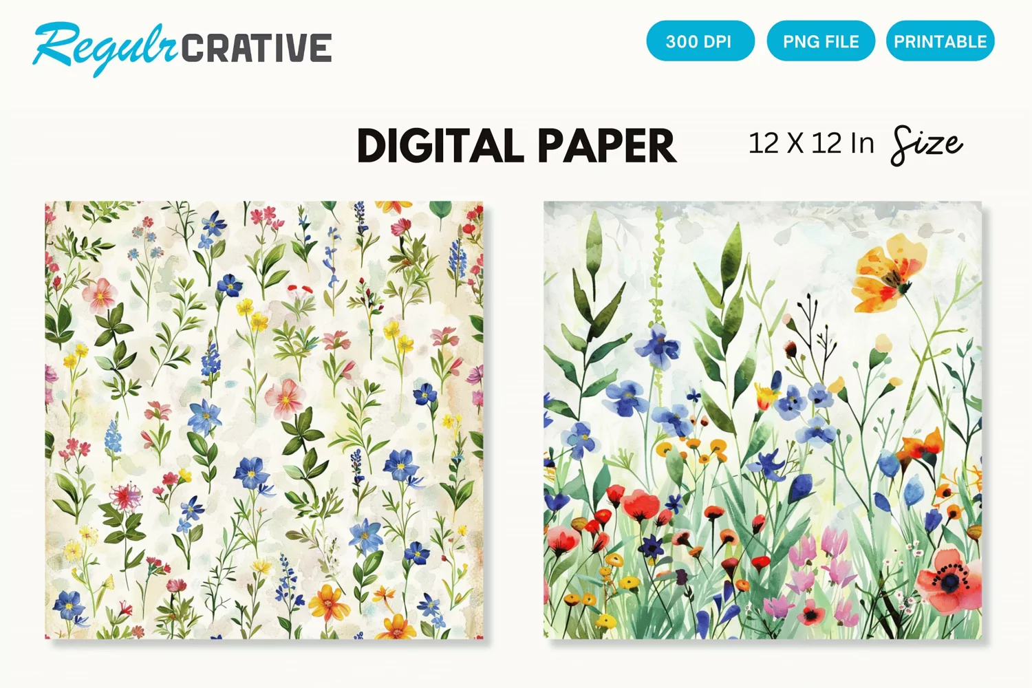 Watercolor Wildflowers Seamless Digital Paper, Wedding PNG product image 1