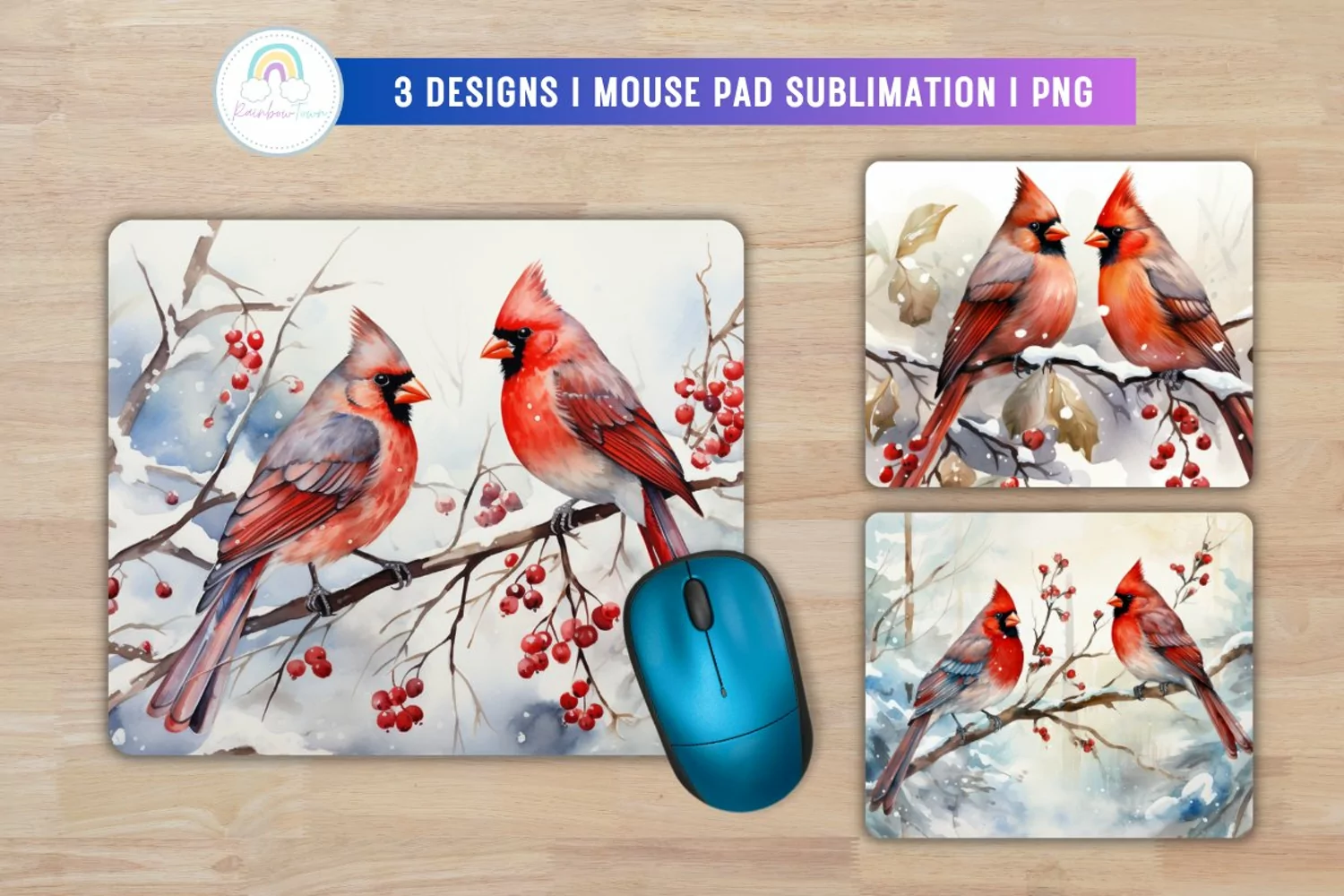 Watercolor Cardinal Winter Mouse Pad Sublimation product image 1