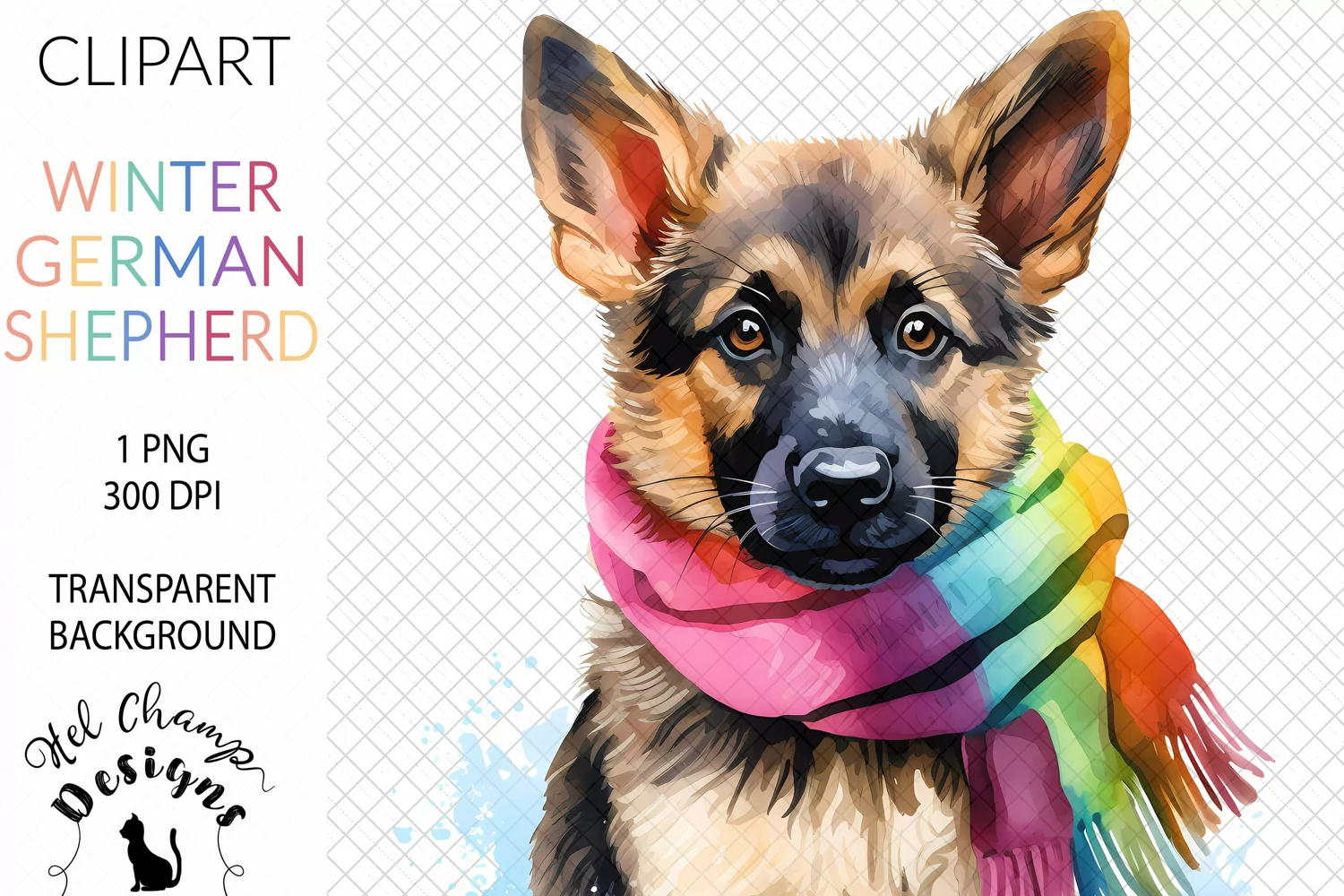Watercolor winter cute german shepherd dog rainbow sublimation clipart transparent png