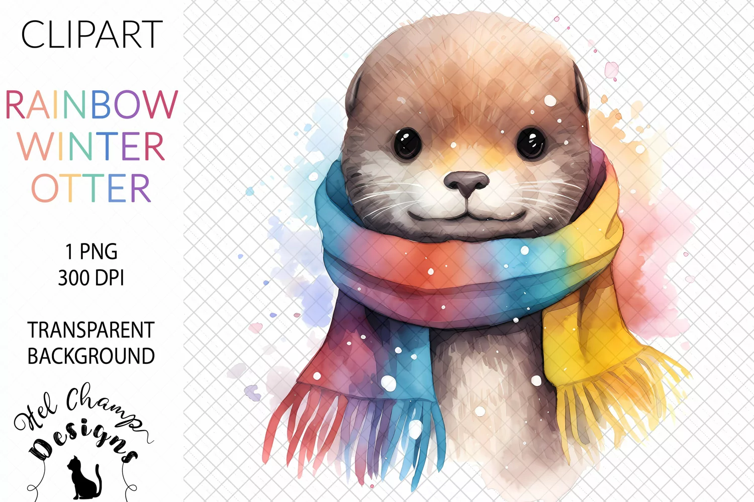 Watercolor winter cute otter rainbow sublimation clipart transparent png
