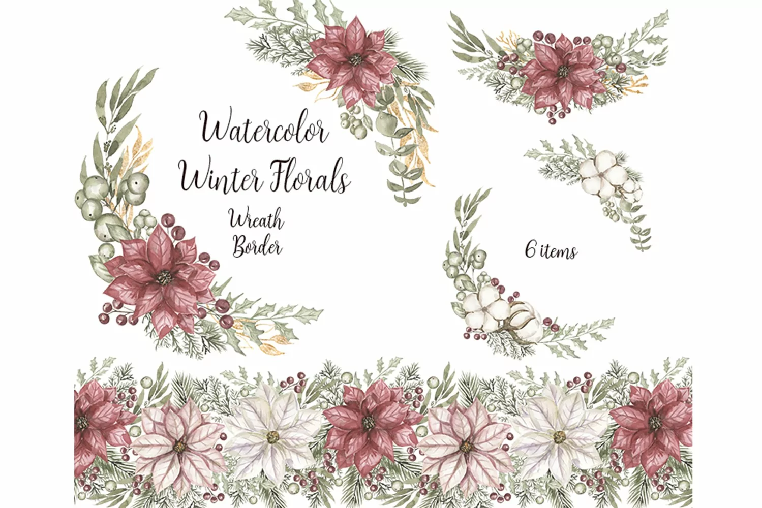 Watercolor Winter Wreaths and Border Set product image 1