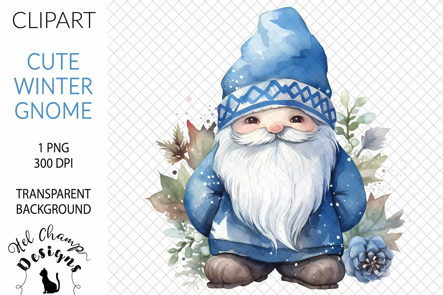 Watercolor winter gnome blue sublimation clipart transparent png