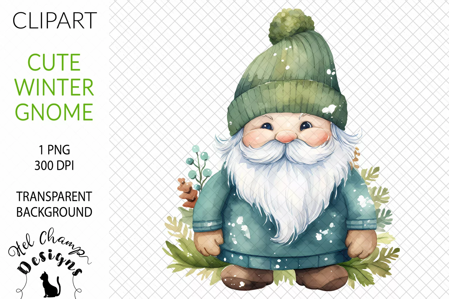 Watercolor winter gnome green sublimation clipart transparent png